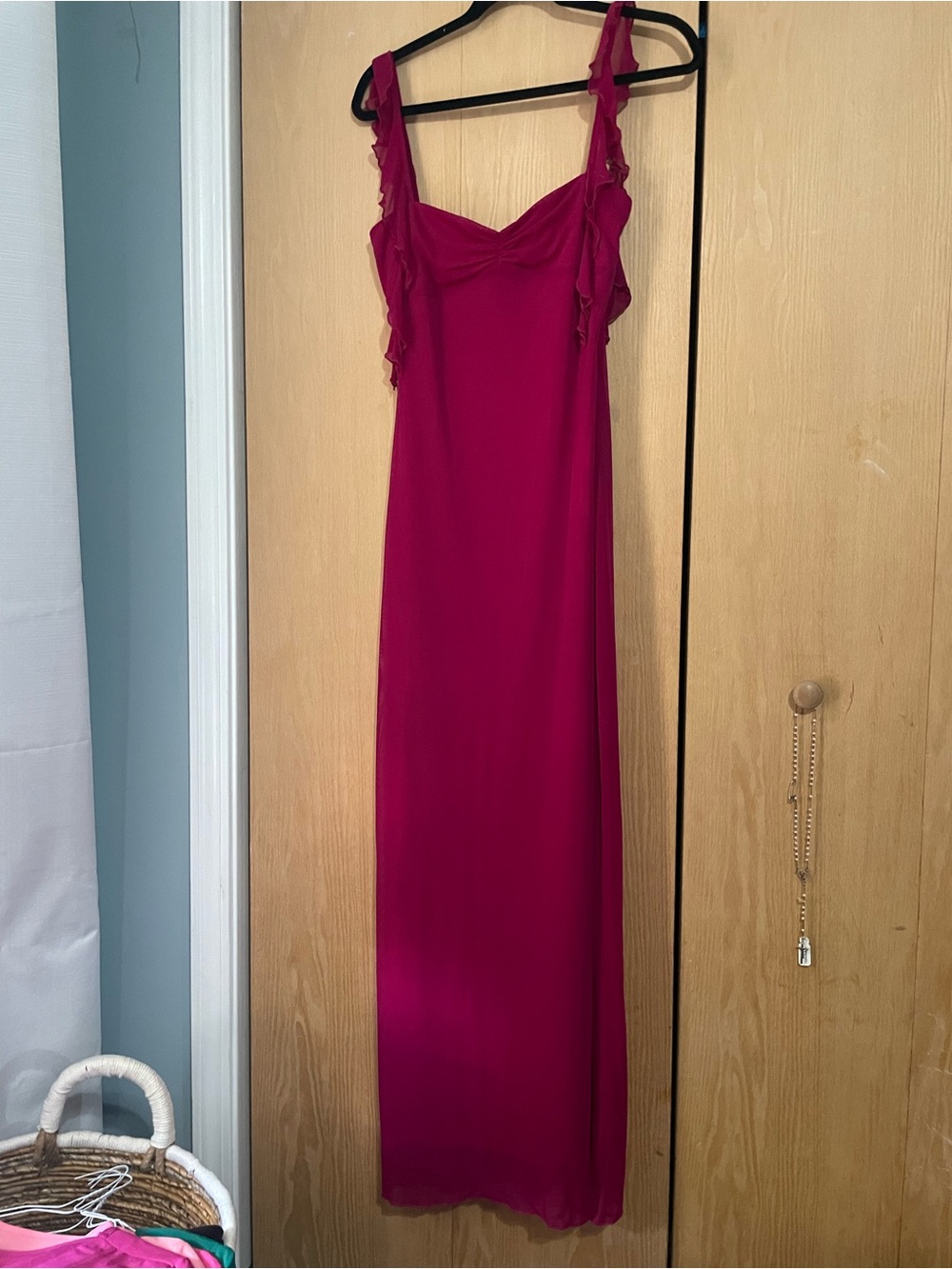 Lucy in the Sky Fuchsia Ruffle-Shoulder Maxi Dress